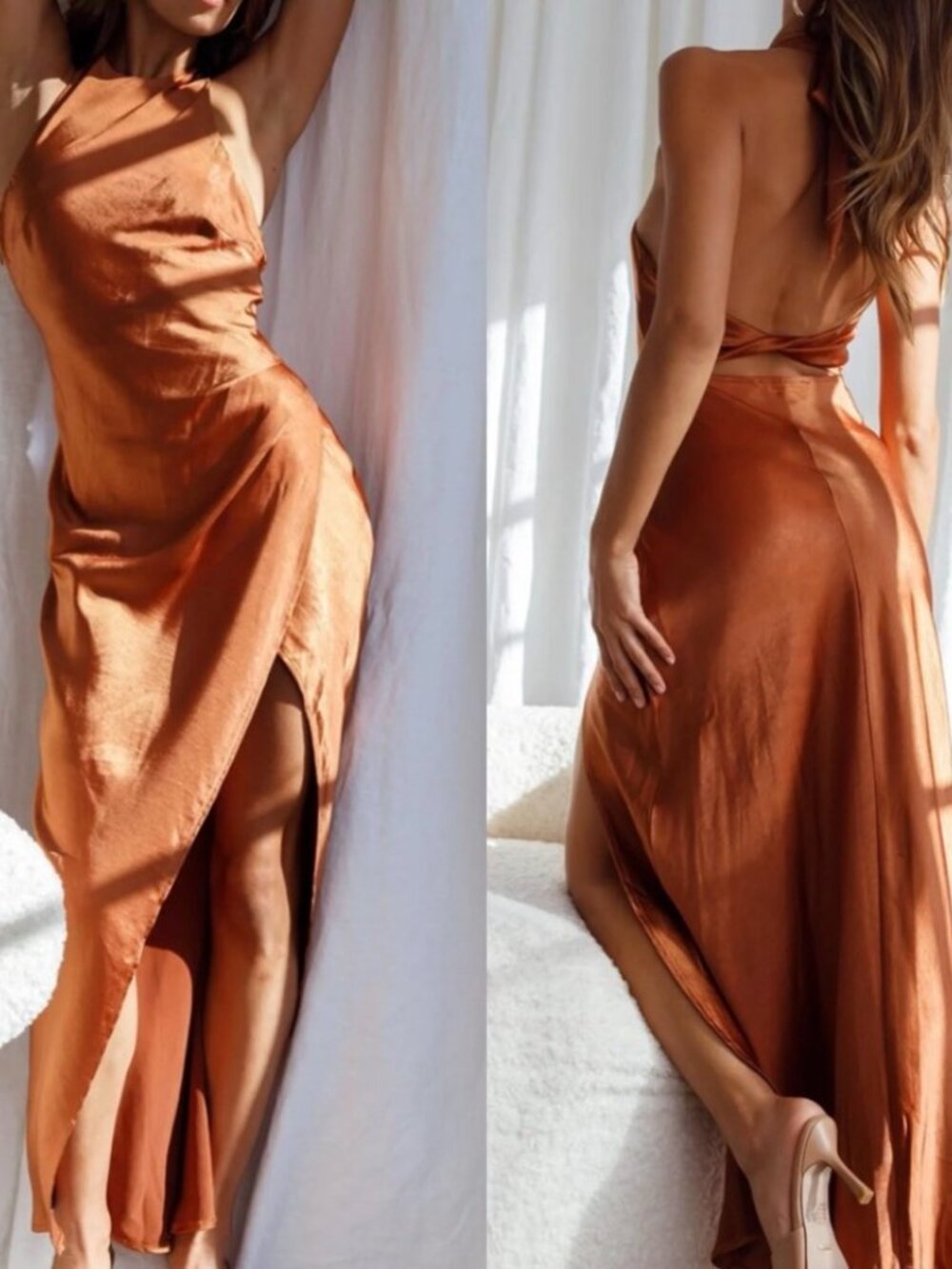 NWT SELFIE LESLIE SONOMA HALTERNECK FAUX WRAP TWIST BACK MAXI DRESS CHOCOLATE